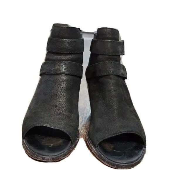 Eileen Fisher List Black Leather Peep Toe Ankle Booties - Picture 6 of 16